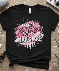 I'm Not Perfect But My Nails Are quote on a black t-shirt with pink glitter and nail art graphics