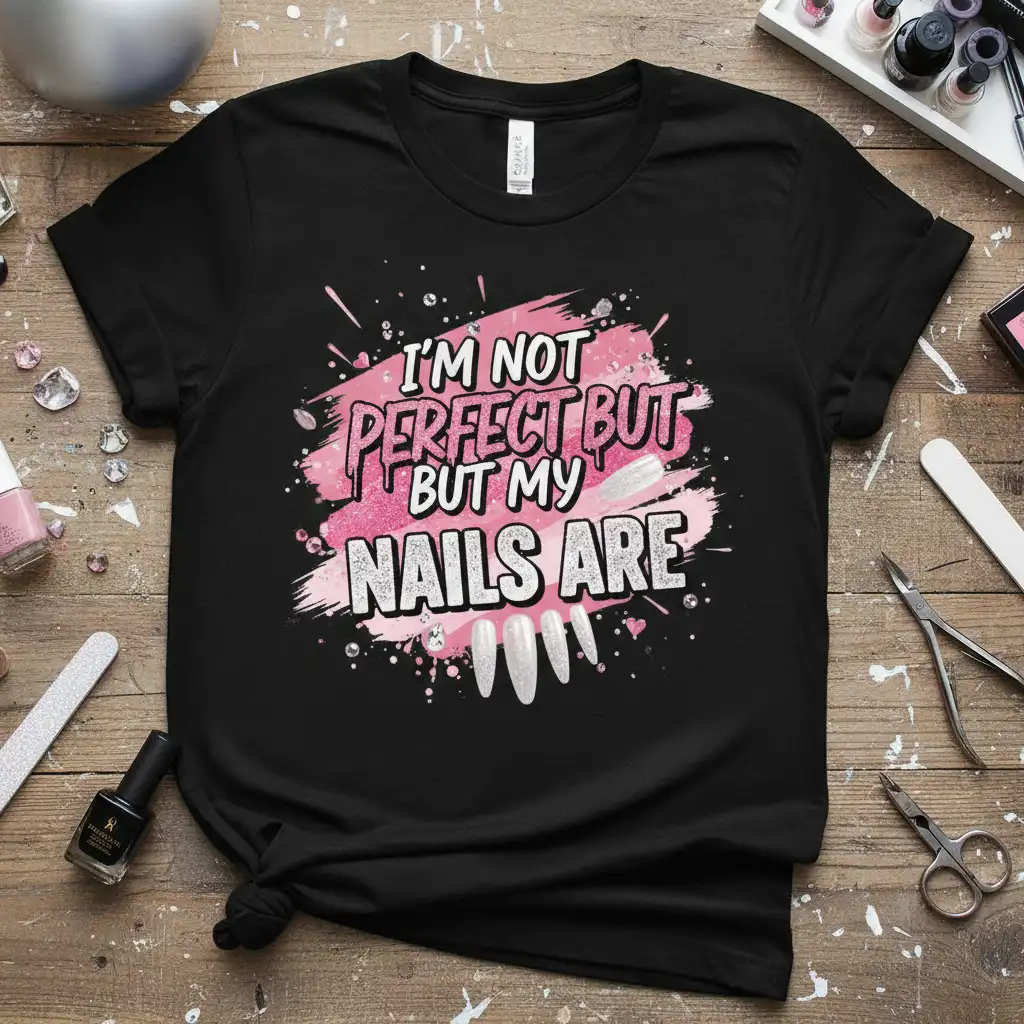 I'm Not Perfect But My Nails Are quote with nail art graphics on a black t-shirt