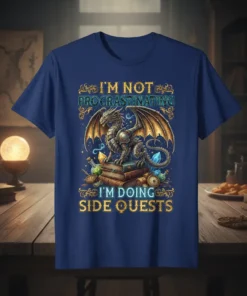 I'm Not Procrastinating I'm Doing Side Quests t-shirt with a dragon on books. Features fantasy elements and bold text