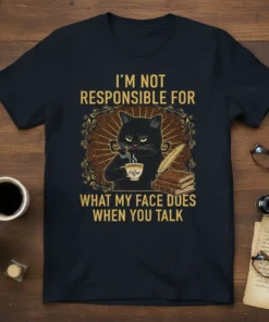 I'm Not Responsible For What My Face Does When You Talk quote on a black t-shirt featuring a grumpy black