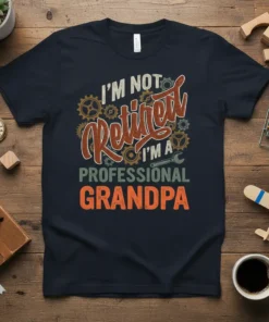 I'm Not Retired I'm A Professional Grandpa text design with gears and wrench graphic on a navy t-shirt