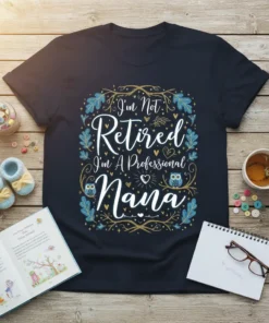 T-shirt with "I'm Not Retired I'm A Professional Nana" text and owl graphics, designed for grandmothers