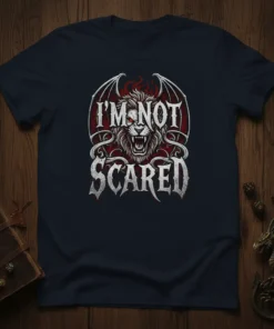 I'm Not Scared text above a roaring lion with bat wings on a navy t-shirt, gothic fantasy design