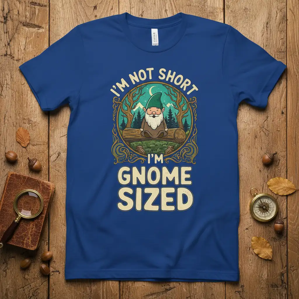 I'm Not Short I'm Gnome Sized quote and gnome graphic on a comfortable tee