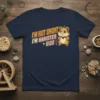 I'm Not Short I'm Hamster Size text with a cute cartoon hamster wearing a cape on a navy blue t-shirt