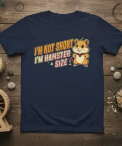 I'm Not Short I'm Hamster Size text with a cute cartoon hamster wearing a cape on a navy blue t-shirt