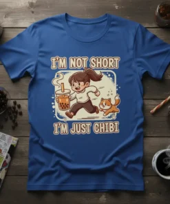 Chibi girl with boba and fox companion on "I'm Not Short I'm Just Chibi" t-shirt