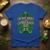 I'm Not Short I'm Leprechaun Size text with leprechaun hat and shoes graphic on a blue t-shirt