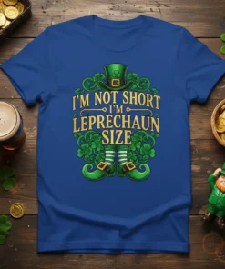 I'm Not Short I'm Leprechaun Size text with leprechaun hat and shoes graphic on a blue t-shirt