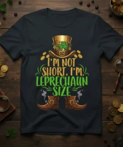 I'm Not Short, I'm Leprechaun Size text with leprechaun hat and boots graphic on a dark t-shirt.|