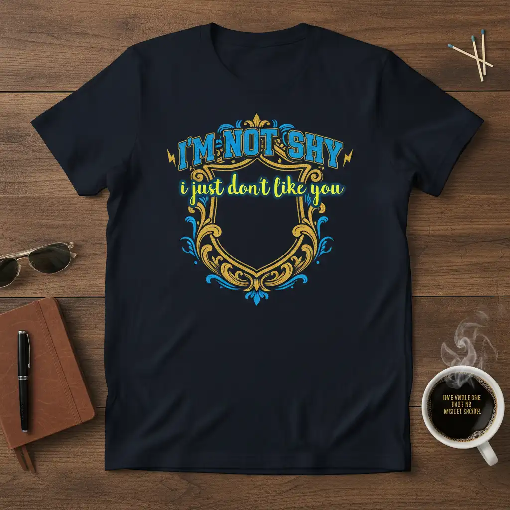 I'm Not Shy I Just Don't Like You quote in decorative shield graphic on navy t-shirt
