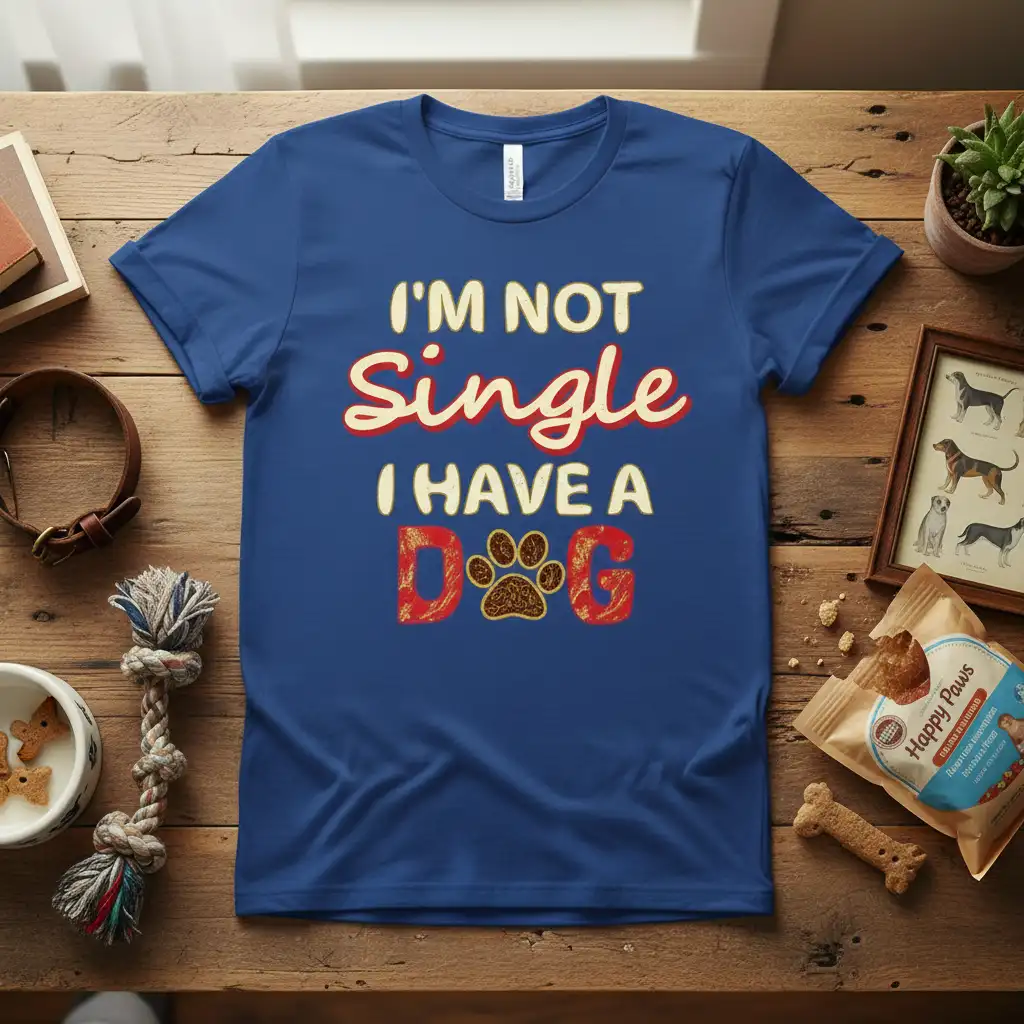 I'm Not Single I Have A Dog humorous quote with paw print graphic on a blue tee