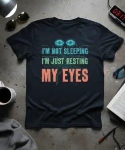 I'm Not Sleeping I'm Just Resting My Eyes quote t-shirt with glowing eye graphic and circuit board design