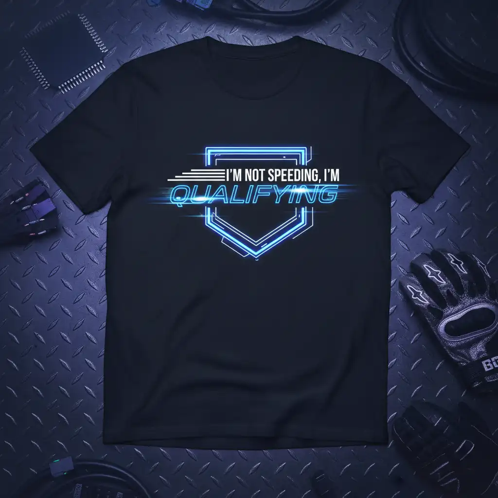 I'm Not Speeding I'm Qualifying quote in neon blue, with a sleek geometric shield design, on a black t-shirt