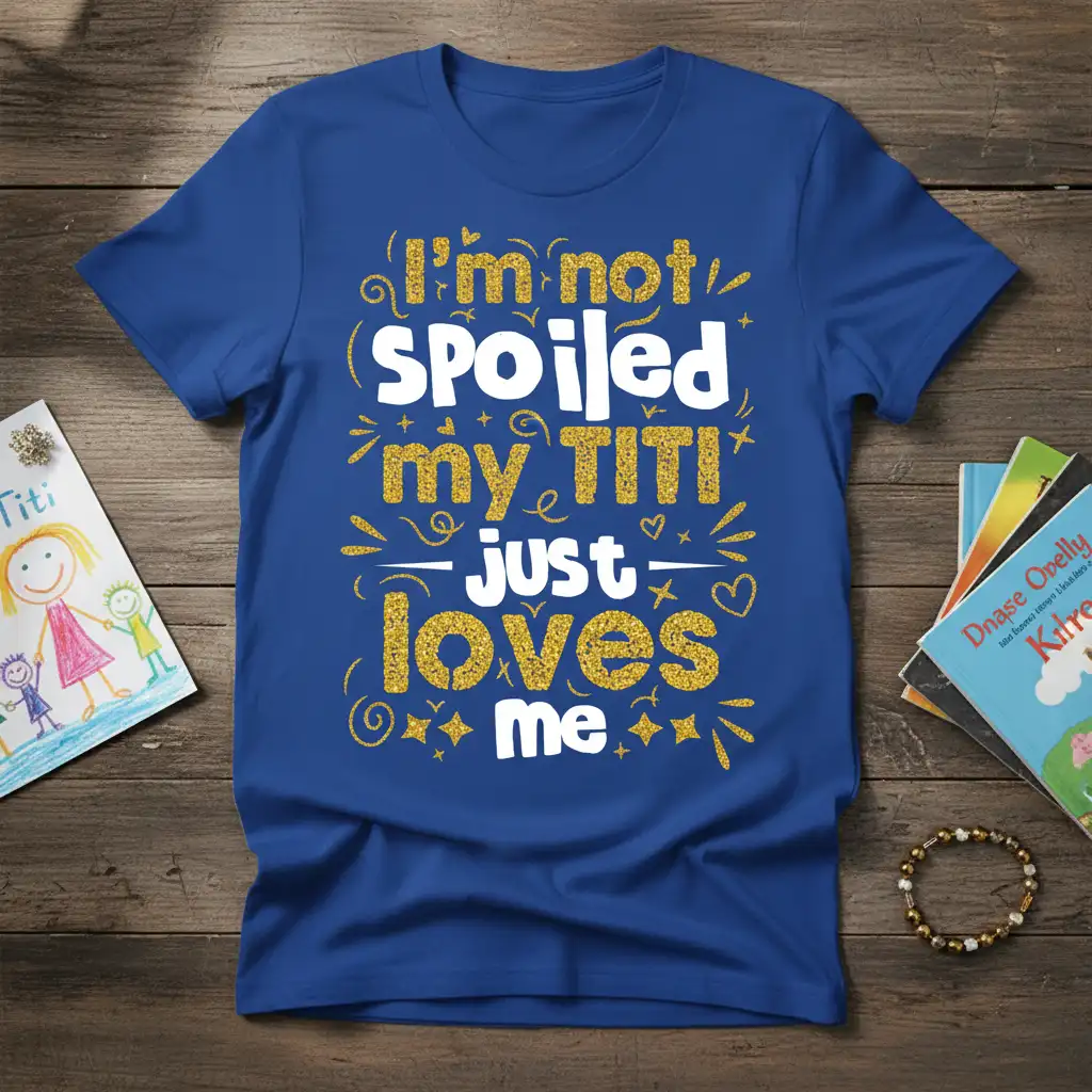 I'm not spoiled my TITI just loves me phrase with playful white and gold glitter text on a blue tee