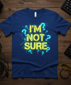 I'm Not Sure text design with yellow lettering and blue question marks on a navy blue t-shirt