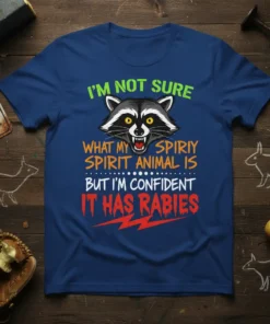 I'm Not Sure What My Spirit Animal Is But I'm Confident It Has Rabies raccoon t-shirt design with green, orange