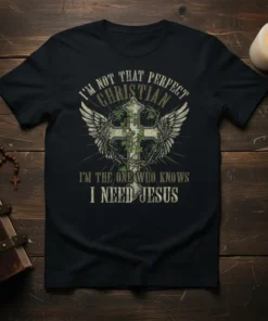 I'm Not That Perfect Christian T-Shirt with text and a winged cross graphic