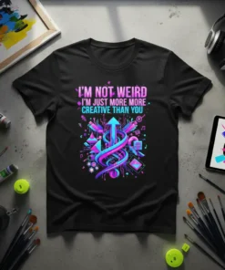 I'm Not Weird I'm Just More Creative Than You quote on a black t-shirt with vibrant, colorful abstract graphics
