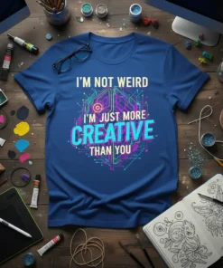 I'm Not Weird I'm Just More Creative Than You quote on a blue t-shirt with circuit board graphics