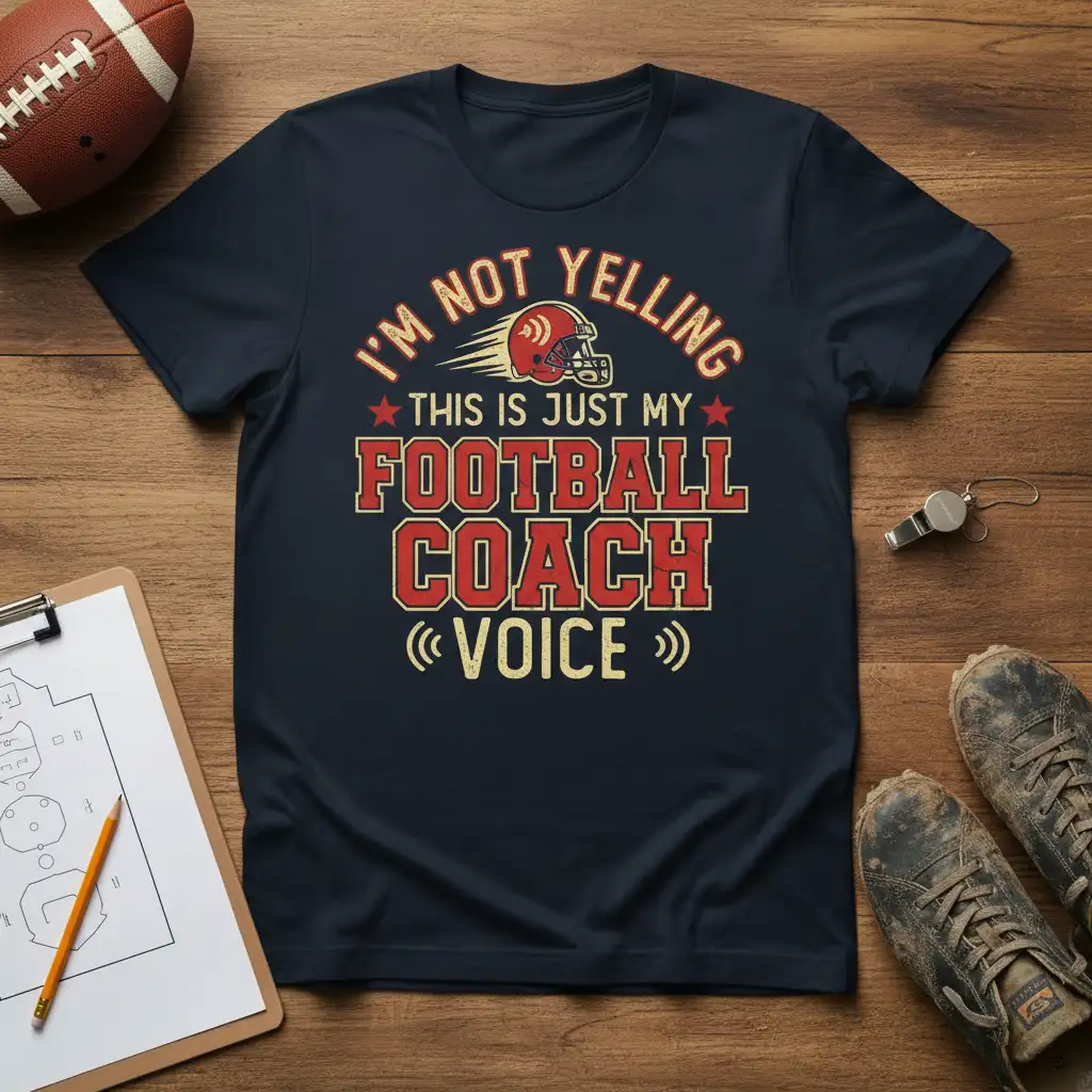 I'm Not Yelling This Is Just My Football Coach Voice quote on a navy t-shirt with distressed red typography and a football