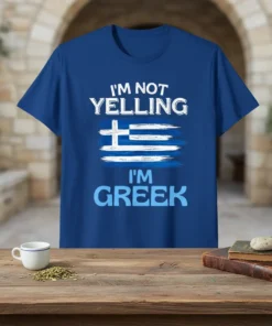 I'm Not Yelling I'm Greek bold graphic design printed on comfortable cotton t-shirt