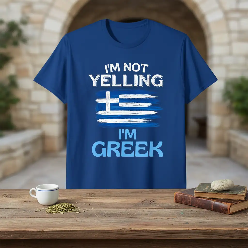 I'm Not Yelling I'm Greek quote design with Greek flag graphic on a blue t-shirt