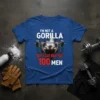 I'm Not A Gorilla But I Can Beat Off 100 Men gym humor t-shirt with a muscular man lifting weights