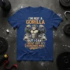 I'm Not a Gorilla But I Can Beat Off A Hundred Men text with a muscular gorilla lifting weights graphic