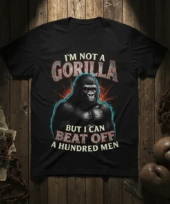 I'm Not A Gorilla But I Can Beat Off A Hundred Men quote with a powerful gorilla graphic on a