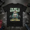 I'm Not A Gym Rat I'm A Gym Unicorn t-shirt design featuring a muscular unicorn lifting weights