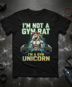 I'm Not A Gym Rat I'm A Gym Unicorn t-shirt design featuring a muscular unicorn lifting weights