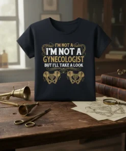 I'm Not A Gynecologist But I'll Take A Look t-shirt with medical humor quote and pelvic anatomy graphic