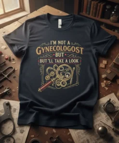 I'm Not A Gynecologist But I'll Take A Look quote on a dark t-shirt with magnifying glass and gears graphic