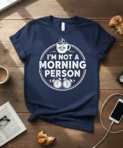 I'm Not A Morning Person quote on a navy t-shirt with a grumpy coffee cup and alarm clock graphics