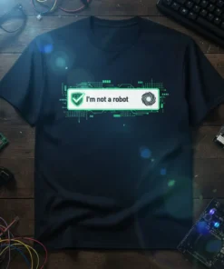 I'm not a robot text with a green checkmark shield and spiral graphic on a dark t-shirt, designed for tech