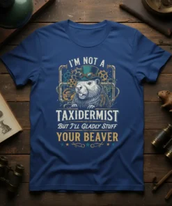 Graphic t-shirt with text "I'm Not a Taxidermist But I'll Gladly Stuff Your Beaver" featuring a steampunk beaver illustration