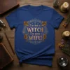 I'm not a WITCH I'm your WIFE! text design with golden bat wings and mystical symbols on a royal blue