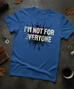 Blue t-shirt with white text "I'M NOT FOR EVERYONE" over a colorful paint splatter graphic