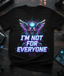 Cyberpunk T-Shirt with "I'm Not For Everyone" text and a neon-lit skull with wings graphic