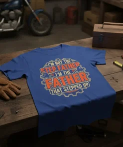 I'm Not The Step Father I'm The Father That Stepped Up text on a blue t-shirt, featuring wrench graphics and