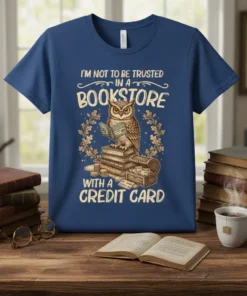 I'm Not To Be Trusted In A Bookstore With A Credit Card quote with an owl reading a book on