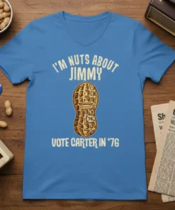 I'm Nuts About Jimmy Vote Carter In '76 t-shirt with a smiling peanut graphic and election year text
