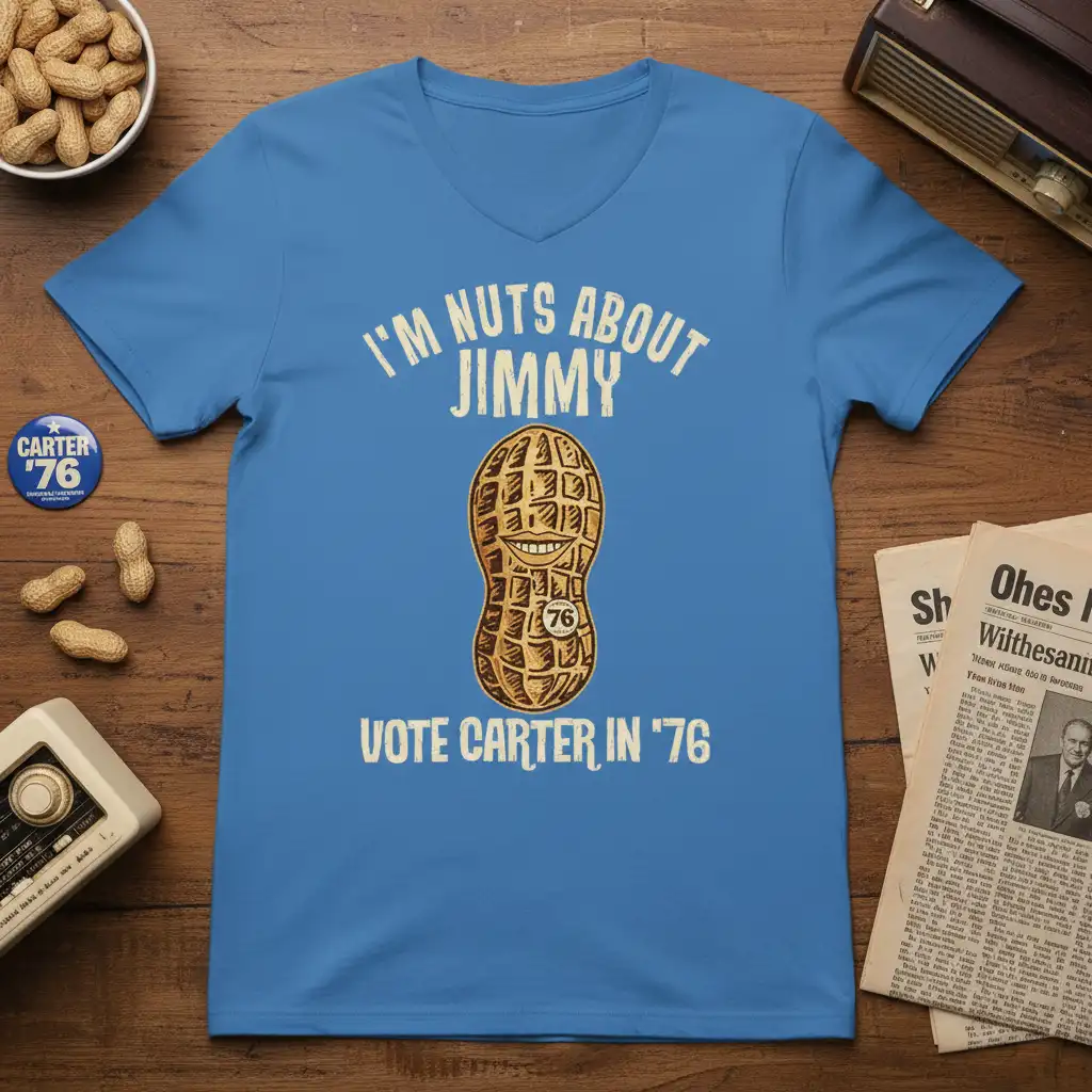 I'm Nuts About Jimmy Vote Carter In '76 text and smiling peanut graphic on a blue political campaign t-shirt