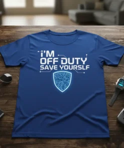 Blue t-shirt with white text "I'M OFF DUTY SAVE YOURSLF" and a glowing circuit board shield graphic