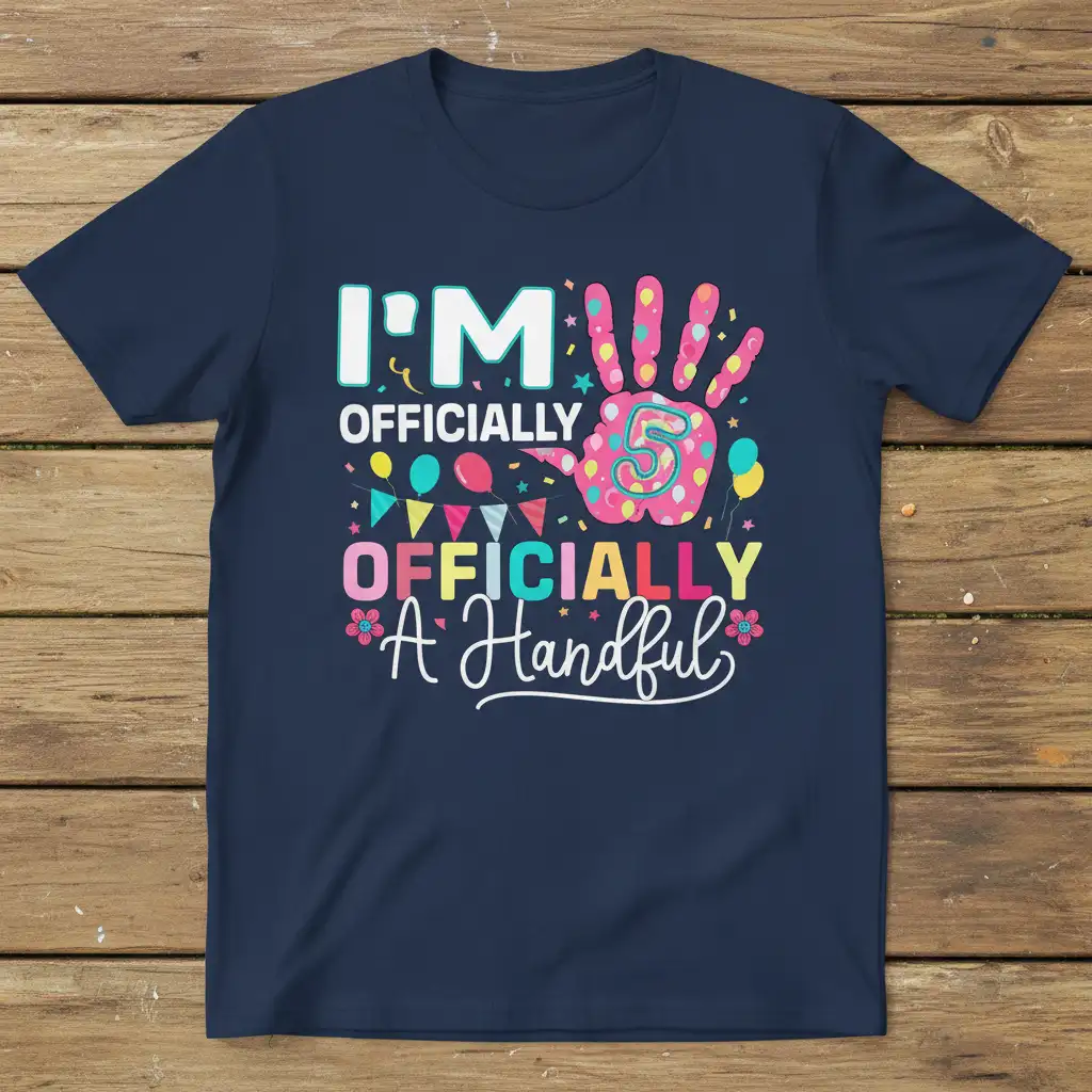 I'm Officially Officially A Handful 5th birthday shirt with colorful handprint and number 5 graphic