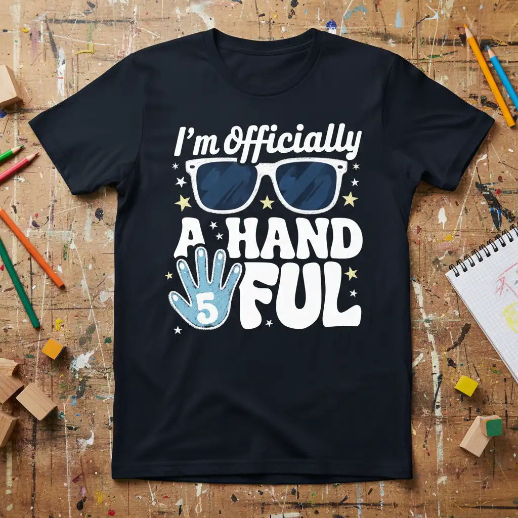 I'm Officially A Handful 5 text and graphic design celebrating a 5th birthday with sunglasses and hand icon