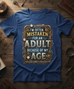 T-shirt with "I'm Often Mistaken For An Adult Because Of My Age" quote in steampunk style typography, dark blue fabric