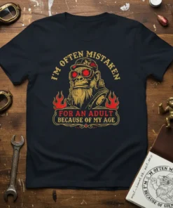 T-shirt with "I'm Often Mistaken For An Adult Because Of My Age" quote and a retro ape graphic with flames