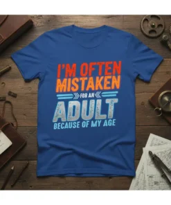 T-shirt with orange and blue text reading "I'm Often Mistaken For An Adult Because Of My Age" on a blue